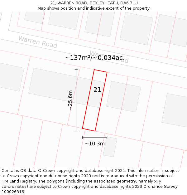 21, WARREN ROAD, BEXLEYHEATH, DA6 7LU: Plot and title map