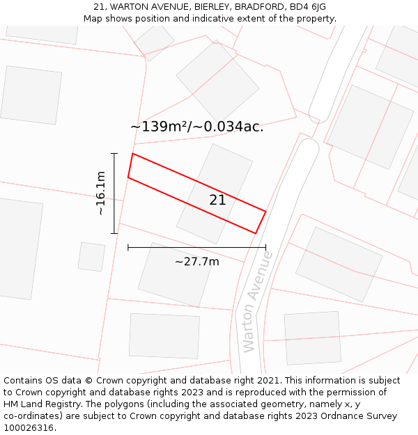 21, WARTON AVENUE, BIERLEY, BRADFORD, BD4 6JG: Plot and title map