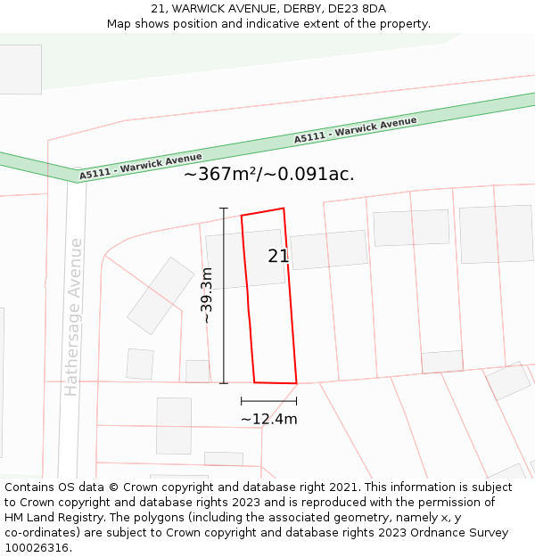 21, WARWICK AVENUE, DERBY, DE23 8DA: Plot and title map
