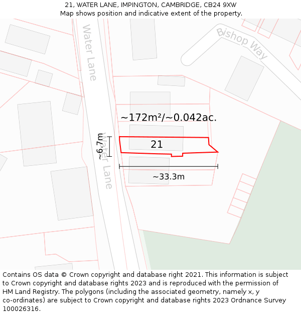 21, WATER LANE, IMPINGTON, CAMBRIDGE, CB24 9XW: Plot and title map