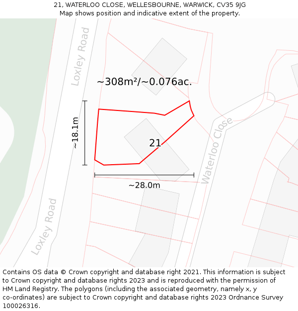 21, WATERLOO CLOSE, WELLESBOURNE, WARWICK, CV35 9JG: Plot and title map