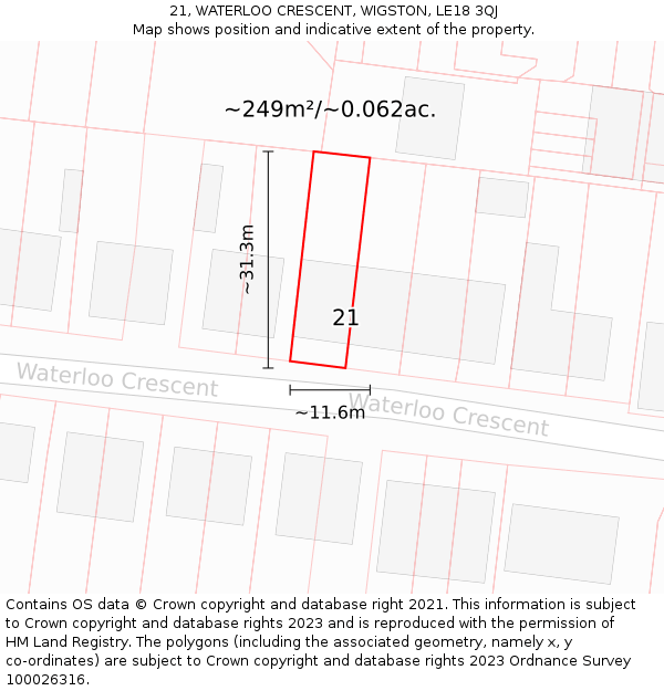 21, WATERLOO CRESCENT, WIGSTON, LE18 3QJ: Plot and title map