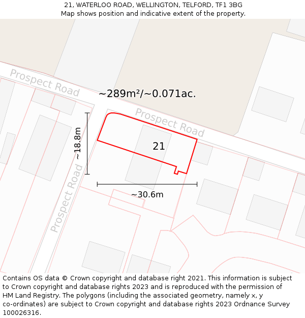21, WATERLOO ROAD, WELLINGTON, TELFORD, TF1 3BG: Plot and title map