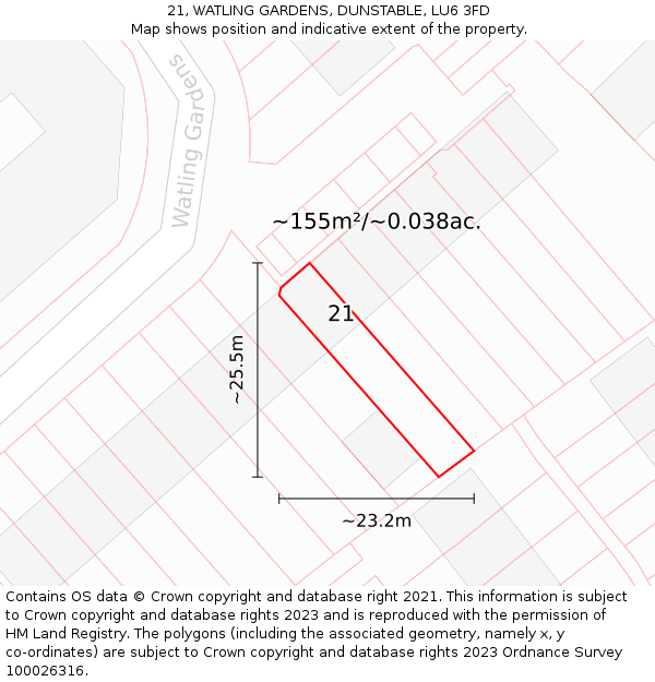 21, WATLING GARDENS, DUNSTABLE, LU6 3FD: Plot and title map