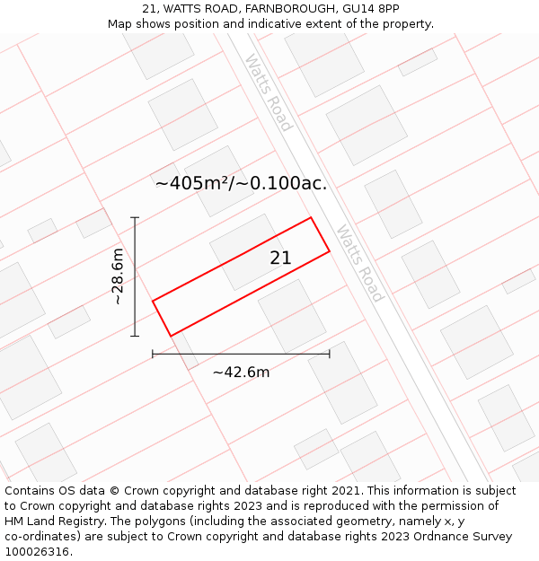 21, WATTS ROAD, FARNBOROUGH, GU14 8PP: Plot and title map
