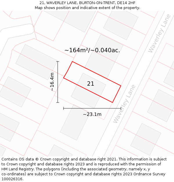 21, WAVERLEY LANE, BURTON-ON-TRENT, DE14 2HF: Plot and title map
