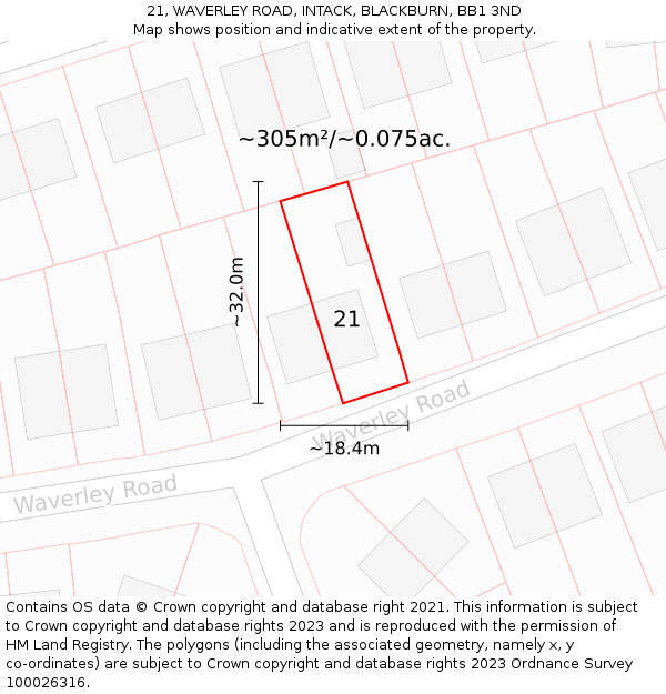 21, WAVERLEY ROAD, INTACK, BLACKBURN, BB1 3ND: Plot and title map