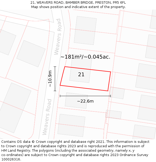 21, WEAVERS ROAD, BAMBER BRIDGE, PRESTON, PR5 6FL: Plot and title map