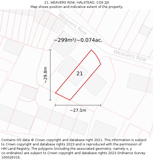 21, WEAVERS ROW, HALSTEAD, CO9 2JX: Plot and title map