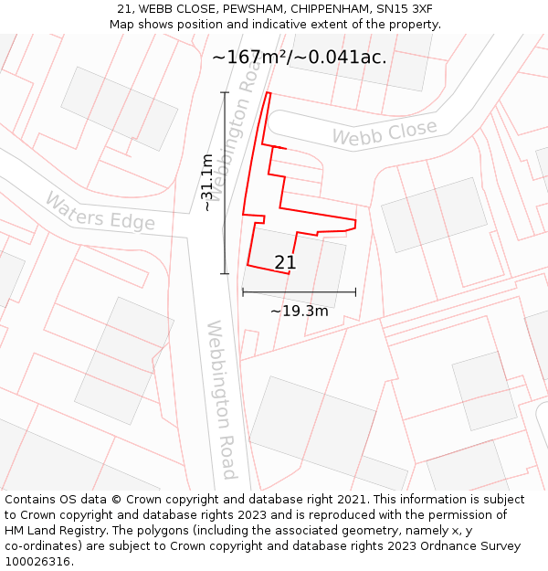 21, WEBB CLOSE, PEWSHAM, CHIPPENHAM, SN15 3XF: Plot and title map