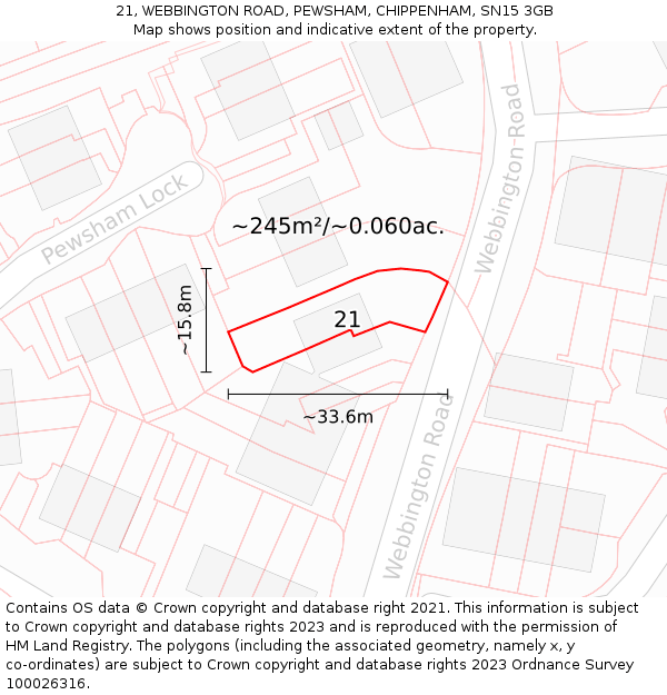 21, WEBBINGTON ROAD, PEWSHAM, CHIPPENHAM, SN15 3GB: Plot and title map