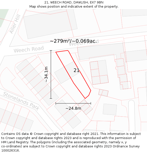21, WEECH ROAD, DAWLISH, EX7 9BN: Plot and title map