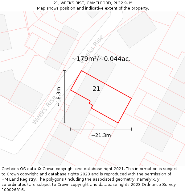 21, WEEKS RISE, CAMELFORD, PL32 9UY: Plot and title map