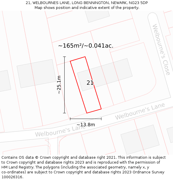 21, WELBOURNES LANE, LONG BENNINGTON, NEWARK, NG23 5DP: Plot and title map