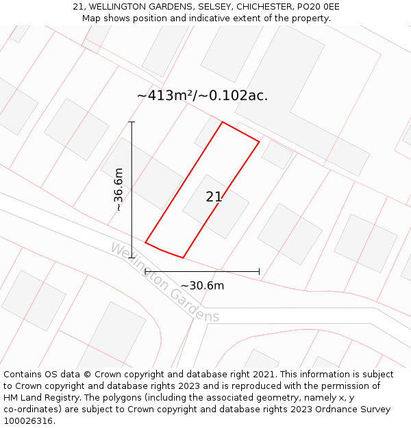21, WELLINGTON GARDENS, SELSEY, CHICHESTER, PO20 0EE: Plot and title map