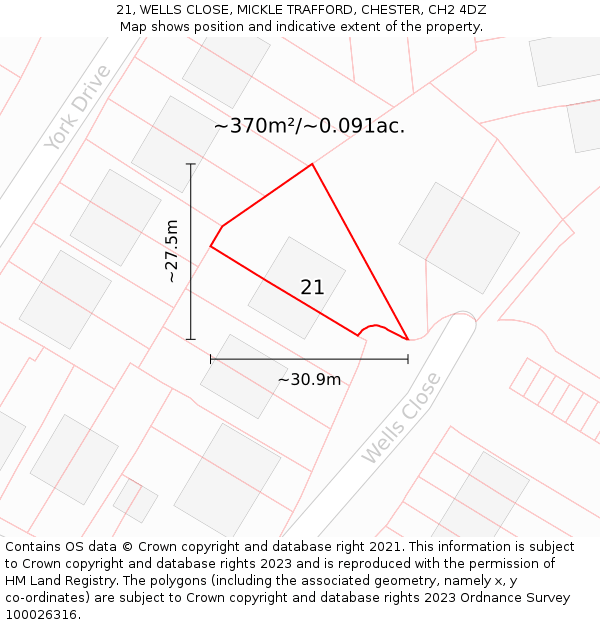 21, WELLS CLOSE, MICKLE TRAFFORD, CHESTER, CH2 4DZ: Plot and title map
