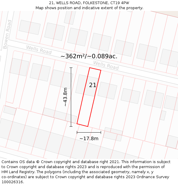 21, WELLS ROAD, FOLKESTONE, CT19 4PW: Plot and title map