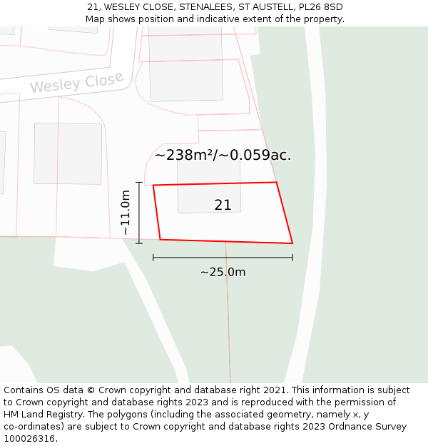 21, WESLEY CLOSE, STENALEES, ST AUSTELL, PL26 8SD: Plot and title map