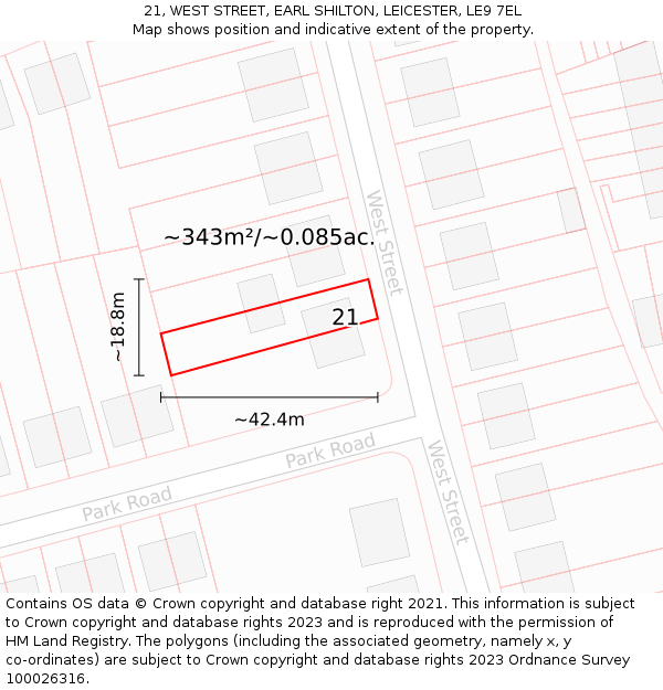 21, WEST STREET, EARL SHILTON, LEICESTER, LE9 7EL: Plot and title map