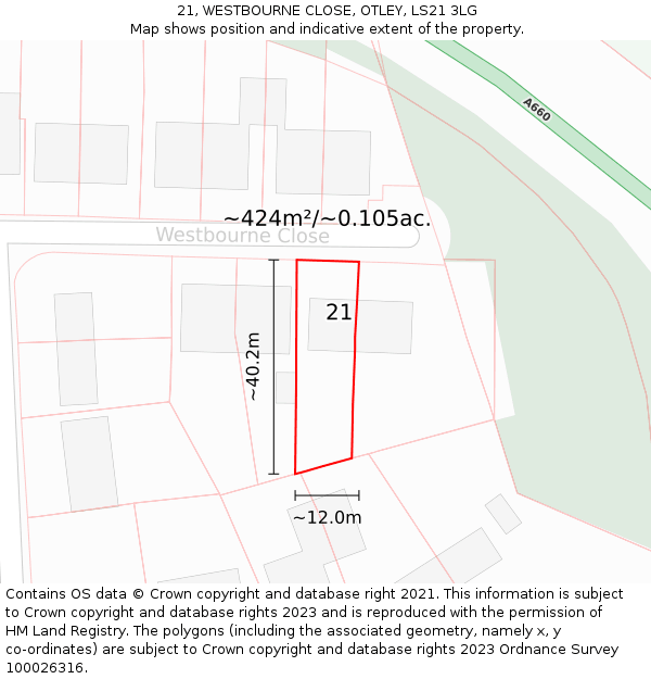 21, WESTBOURNE CLOSE, OTLEY, LS21 3LG: Plot and title map