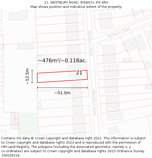 21, WESTBURY ROAD, IPSWICH, IP4 4RH: Plot and title map