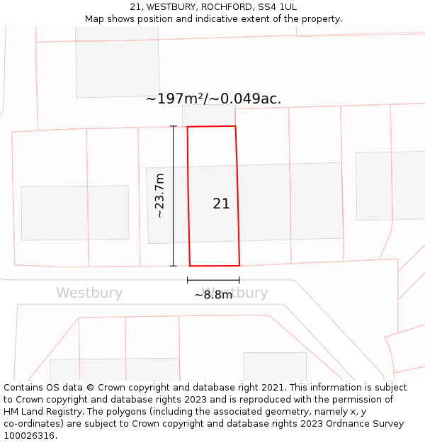 21, WESTBURY, ROCHFORD, SS4 1UL: Plot and title map