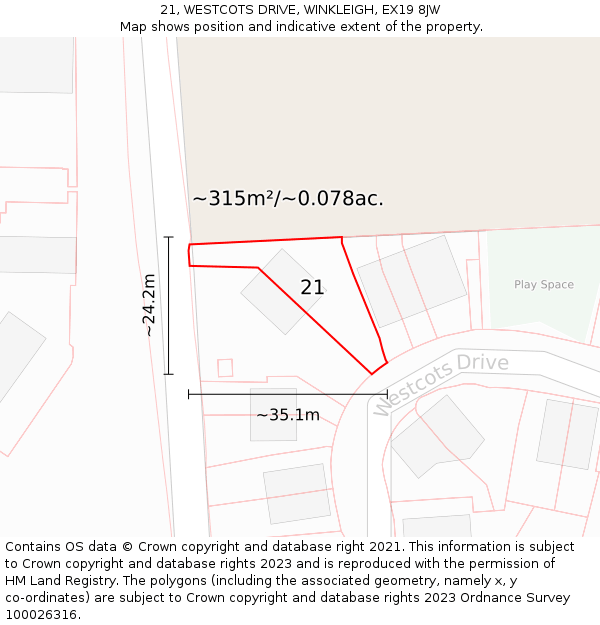 21, WESTCOTS DRIVE, WINKLEIGH, EX19 8JW: Plot and title map