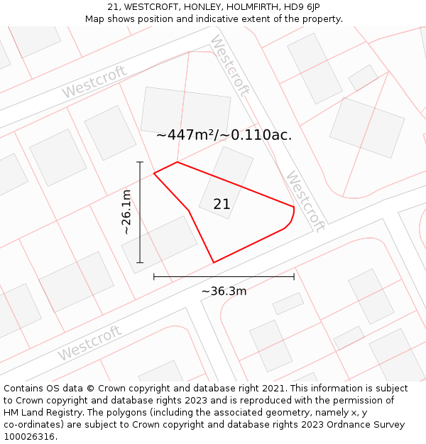 21, WESTCROFT, HONLEY, HOLMFIRTH, HD9 6JP: Plot and title map
