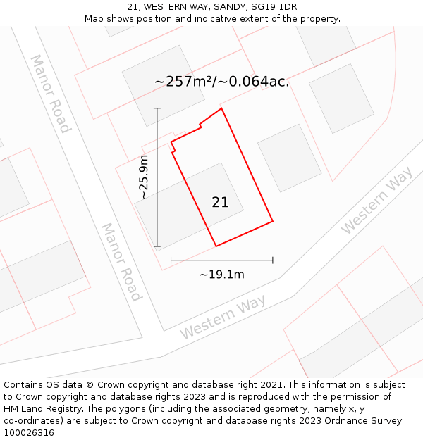 21, WESTERN WAY, SANDY, SG19 1DR: Plot and title map