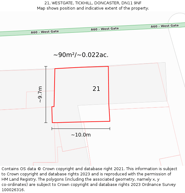 21, WESTGATE, TICKHILL, DONCASTER, DN11 9NF: Plot and title map