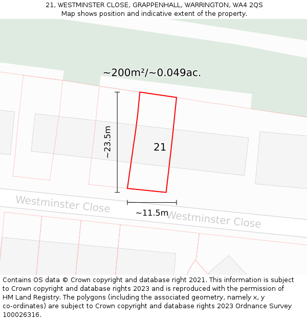 21, WESTMINSTER CLOSE, GRAPPENHALL, WARRINGTON, WA4 2QS: Plot and title map