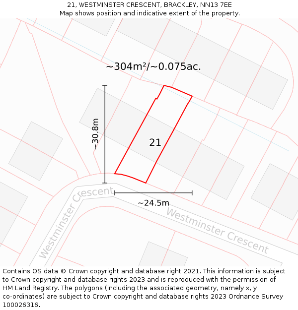 21, WESTMINSTER CRESCENT, BRACKLEY, NN13 7EE: Plot and title map