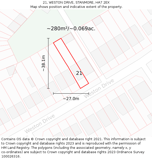 21, WESTON DRIVE, STANMORE, HA7 2EX: Plot and title map
