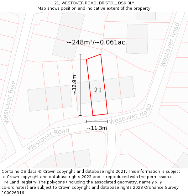 21, WESTOVER ROAD, BRISTOL, BS9 3LY: Plot and title map
