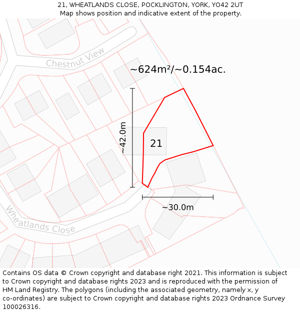 21, WHEATLANDS CLOSE, POCKLINGTON, YORK, YO42 2UT: Plot and title map