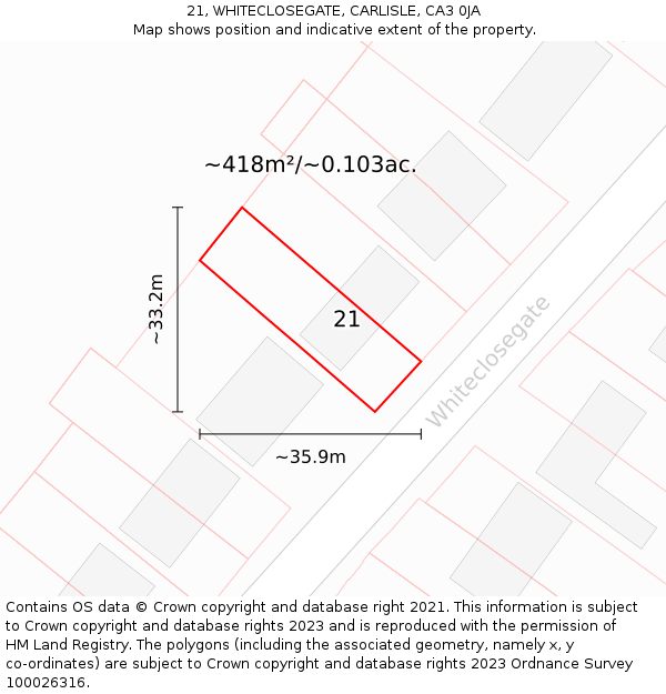 21, WHITECLOSEGATE, CARLISLE, CA3 0JA: Plot and title map