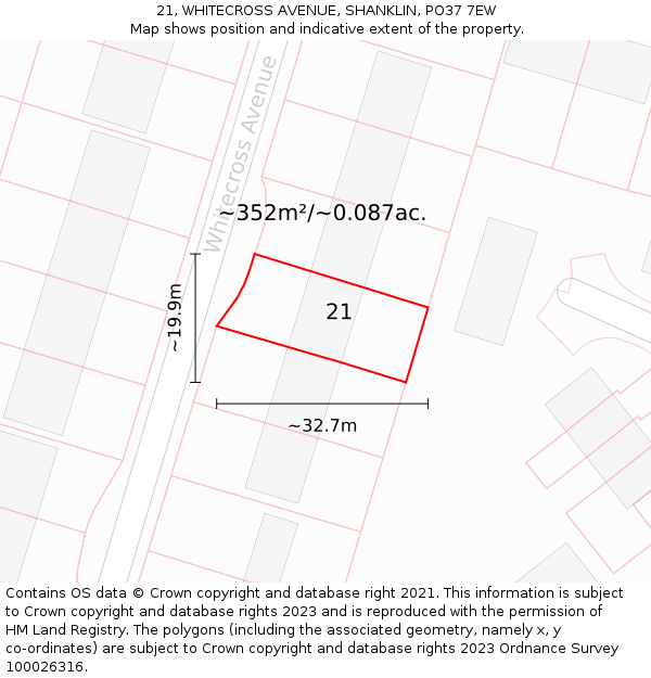 21, WHITECROSS AVENUE, SHANKLIN, PO37 7EW: Plot and title map