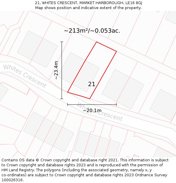 21, WHITES CRESCENT, MARKET HARBOROUGH, LE16 8GJ: Plot and title map
