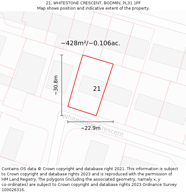 21, WHITESTONE CRESCENT, BODMIN, PL31 1PF: Plot and title map