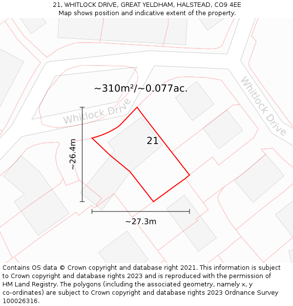 21, WHITLOCK DRIVE, GREAT YELDHAM, HALSTEAD, CO9 4EE: Plot and title map