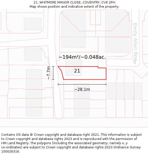 21, WHITMORE MANOR CLOSE, COVENTRY, CV6 2PH: Plot and title map