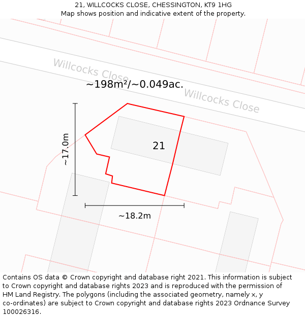 21, WILLCOCKS CLOSE, CHESSINGTON, KT9 1HG: Plot and title map