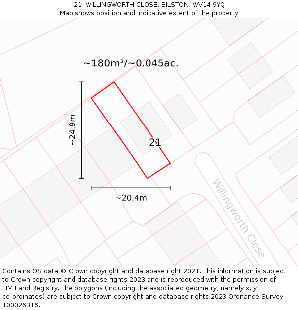 21, WILLINGWORTH CLOSE, BILSTON, WV14 9YQ: Plot and title map