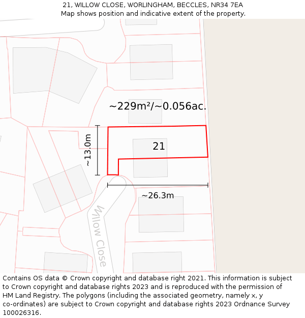 21, WILLOW CLOSE, WORLINGHAM, BECCLES, NR34 7EA: Plot and title map
