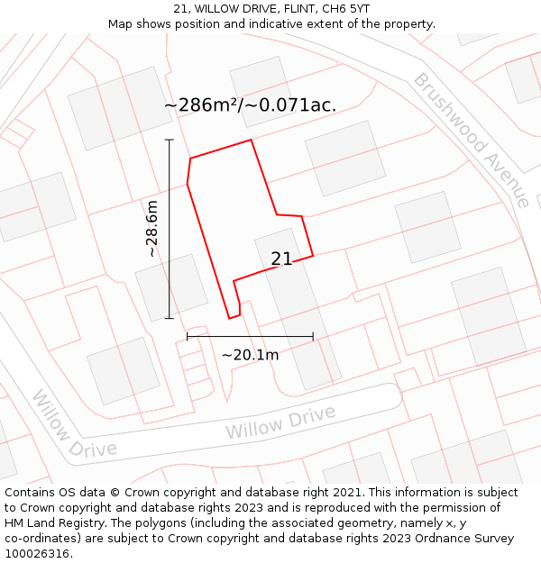 21, WILLOW DRIVE, FLINT, CH6 5YT: Plot and title map