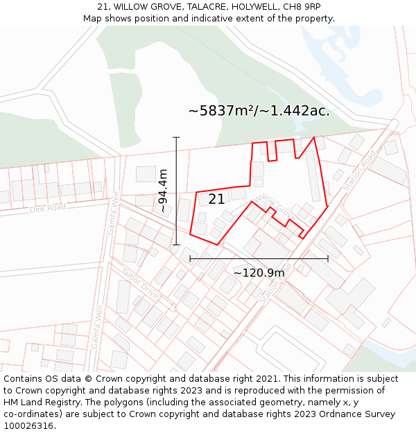 21, WILLOW GROVE, TALACRE, HOLYWELL, CH8 9RP: Plot and title map