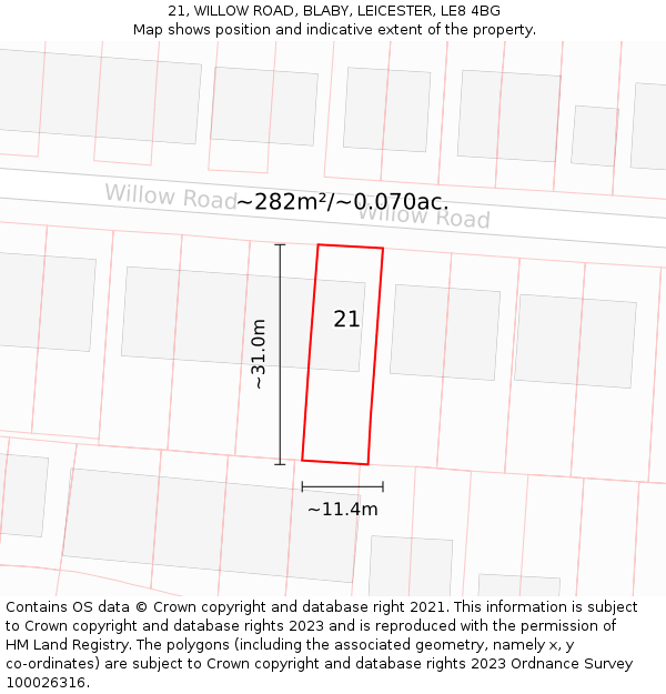 21, WILLOW ROAD, BLABY, LEICESTER, LE8 4BG: Plot and title map
