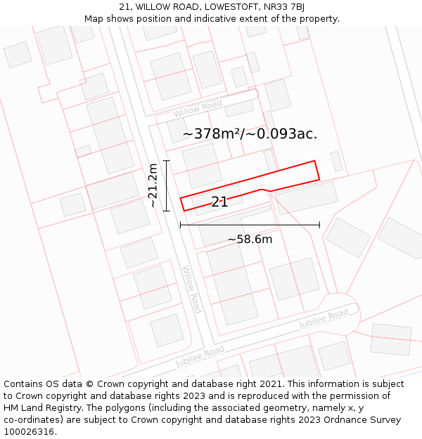 21, WILLOW ROAD, LOWESTOFT, NR33 7BJ: Plot and title map