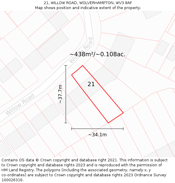 21, WILLOW ROAD, WOLVERHAMPTON, WV3 8AF: Plot and title map