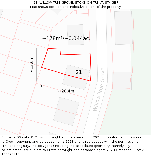 21, WILLOW TREE GROVE, STOKE-ON-TRENT, ST4 3BF: Plot and title map